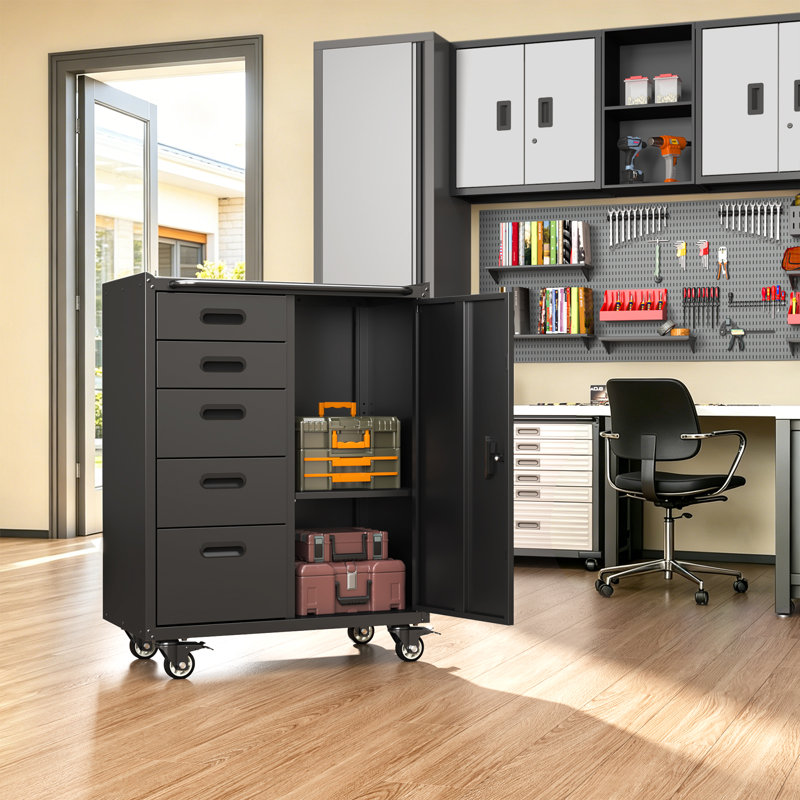 Armoire de rangement en métal pour outils avec 5 tiroirs et 1 porte avec roulettes et serrure