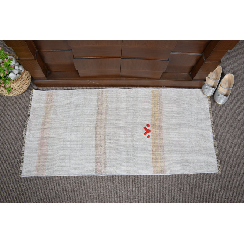 Tapis turc bohémien tissé à la main crème avec rayures pastel et motif décoratif