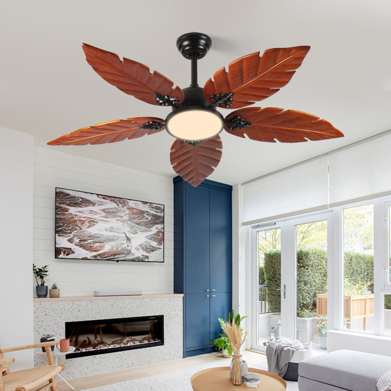 52" Tropical Palm Leaf Solid Wood Ceiling Fan, Quiet Motor for Patio/Living Room