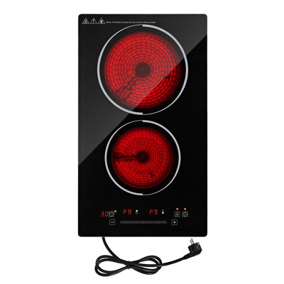 Plaque de cuisson électrique de 30 cm (12 pouces) avec deux brûleurs, 1800 W, 120 V, surface en céramique pour une utilisation sur comptoir ou encastrée, dotée de 9 niveaux de puissance, d'une minuterie, d'un verrouillage de sécurité enfant, d'une protection contre la surchauffe et de commandes tactiles.