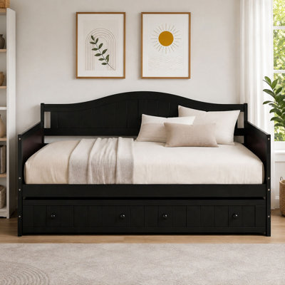 Lit de jour simple en bois avec lit gigogne escamotable, dossier à panneau arqué, canapé-lit en pin massif pour chambre à coucher, chambre d'amis et salon