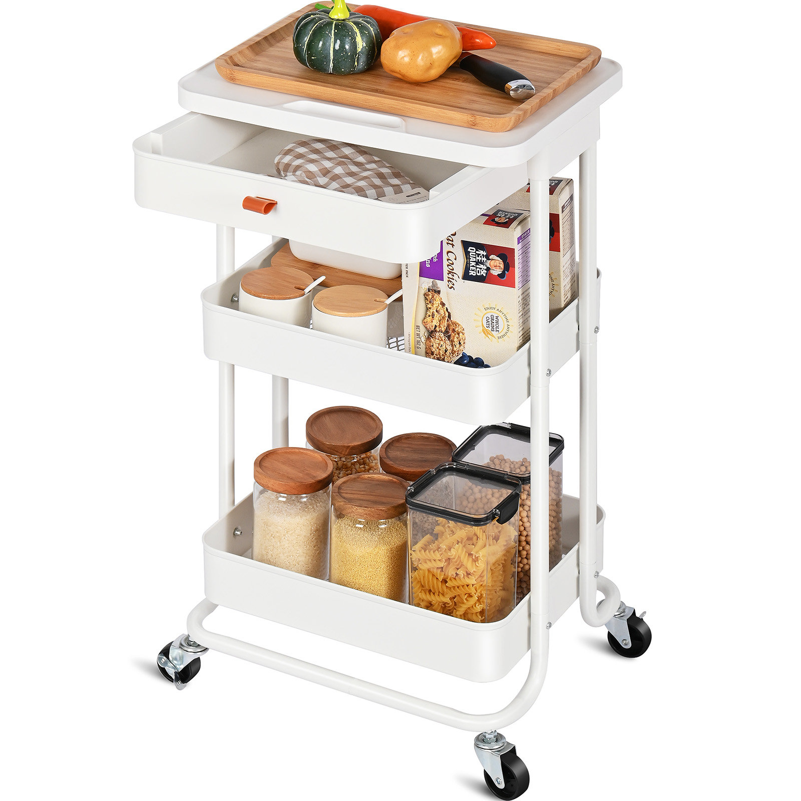KINGRACK Metal Rolling Cart,3 Tier Utility Cart With Drawer & Table Top
