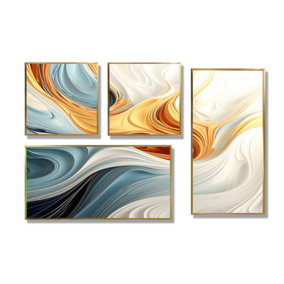 Vague rétro bleue et orange élégante II - art mural moderne 4 pièces
