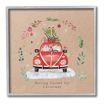 Gnome au volant de Noël, estampe numérique encadrée par Sally Darby