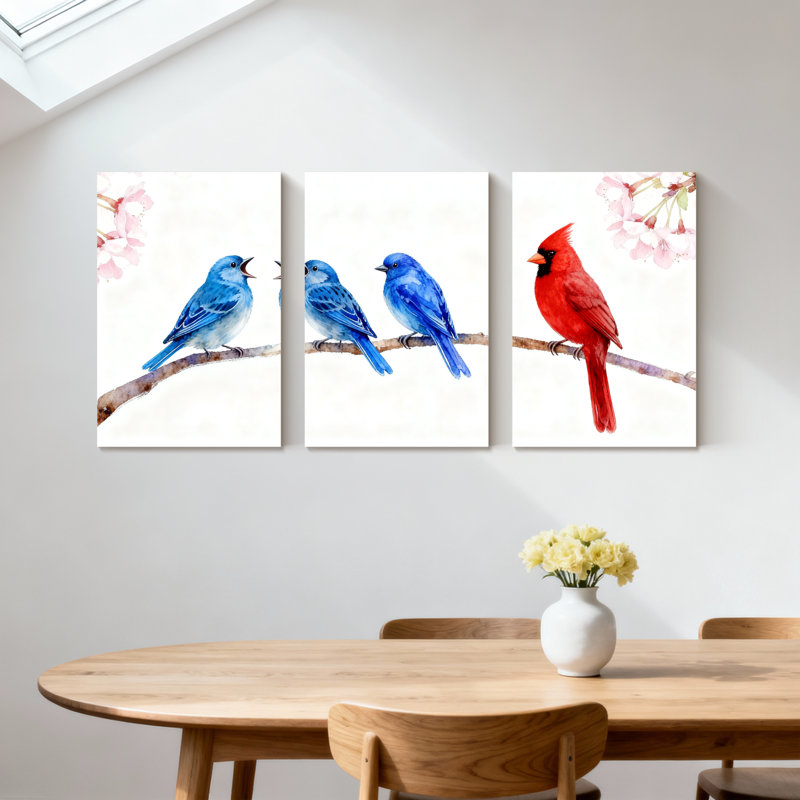 Oiseaux bleus chantant sur une branche avec un cardinal rouge, ensemble de 3 impressions sur toile, H 30 po x l 60 po