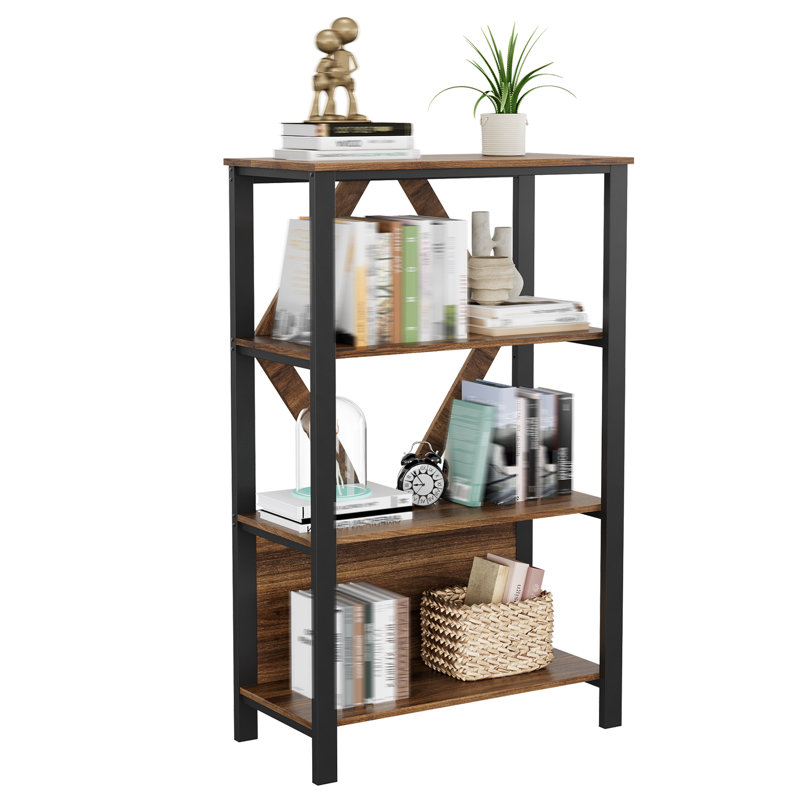 4 Tier Bookcase with smart LED light - Tall Bookshelf with Open Display Shelves Wood and Metal Corner Storage Organizer - Brown