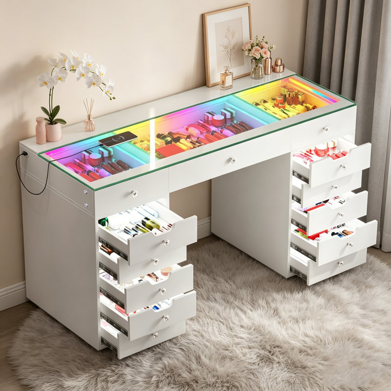 Large 59'' Makeup Vanity Desk HD Glass Top Built-in RGB Light Strips Large 13 Lighted Drawers Diamond Handles USB and Type-C, Easy 3‑Piece Assembly