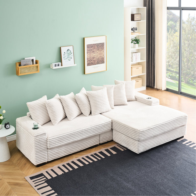 Velours côtelé beige avec méridienne réversible et rangement en tissu lisse de 111,4 po pour la zone de confort