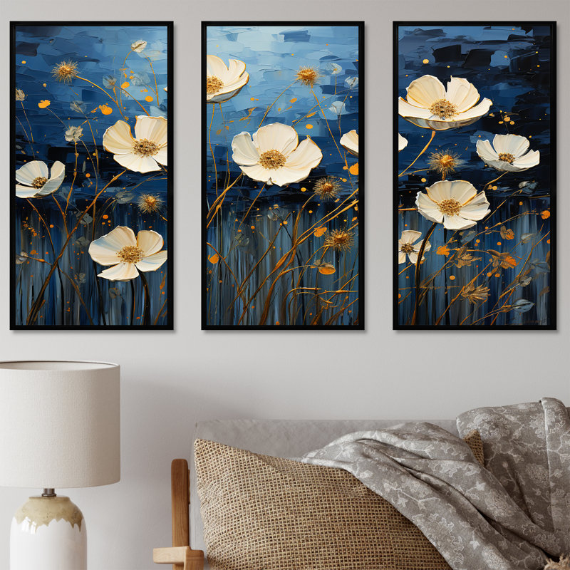«Midnight Indigo Buttercups - Buttercups», ensemble d'art sur toile, Cadre flottant noir, H 28 po x l 36 po x P 1 po