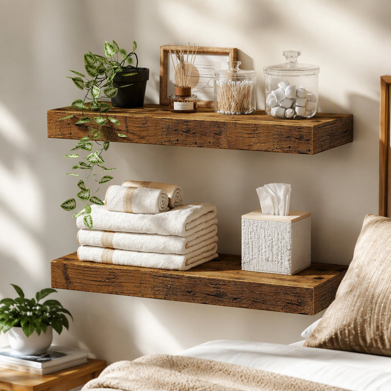Ensemble de 2 tablettes de salle de bain flottantes pour étagère murale au-dessus de la toilette, ensemble de 2 décorations murales de style campagnard rustique brun
