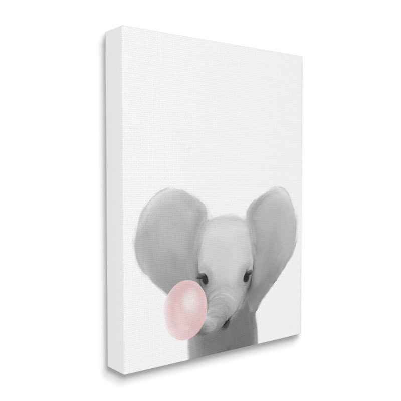 Bébé éléphant avec gomme à bulles rose, Toile tendue, H 48 po x l 36 po x P 1,5 po