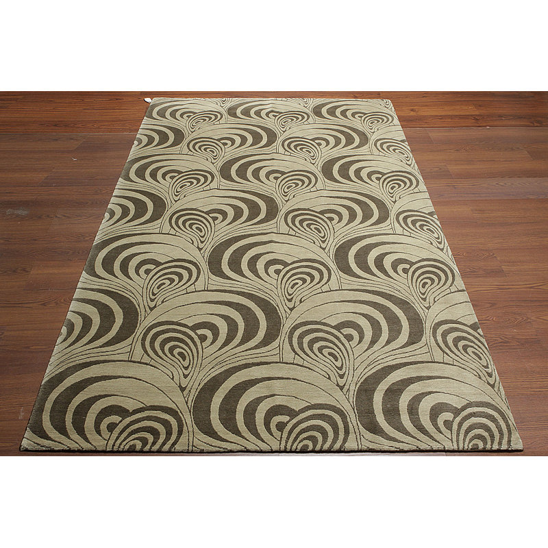 Tapis beige en laine noué à la main de conception unique 6 pi 3 po x 8 pi 10 po