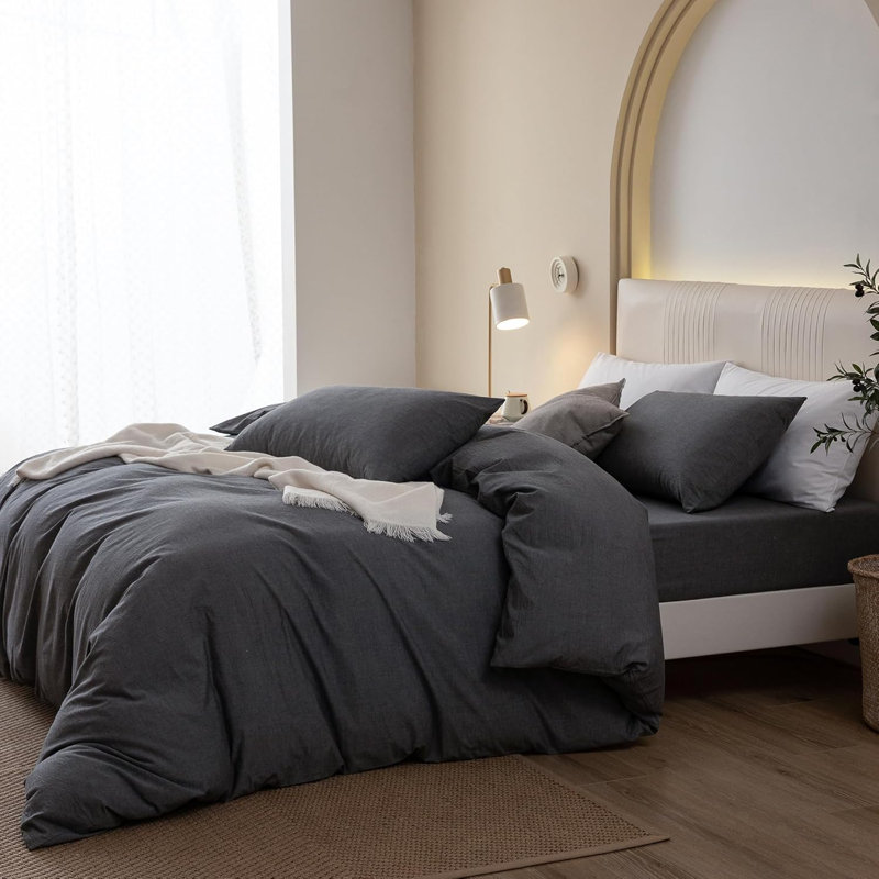 Nayoroom Washed Cotton Plain Breathable Simple and stylish Duvet Cover Set, Gray, Queen Duvet Cover + 2 Standard Pillowcases