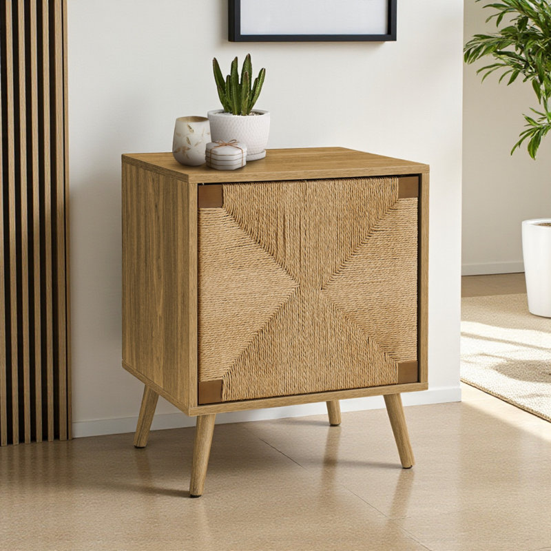 Table d'appoint, bout, rangement, petit, côté, salon, lampe, stratifié noyer clair, aspect ruppie maritime, moderne