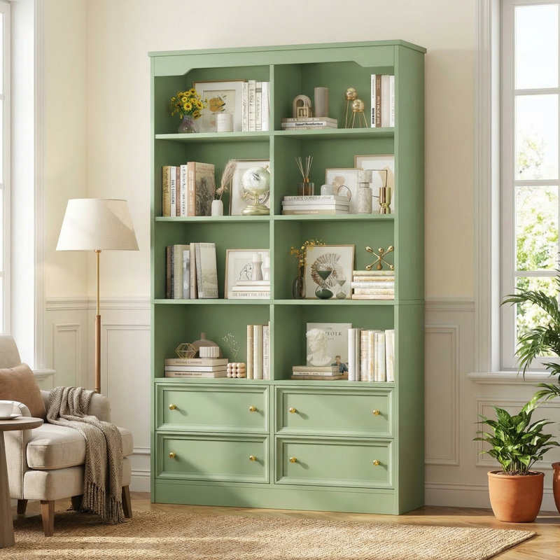 Kirklyn 6-Tier Standard Bookcase with 4 Drawers, Sage Green