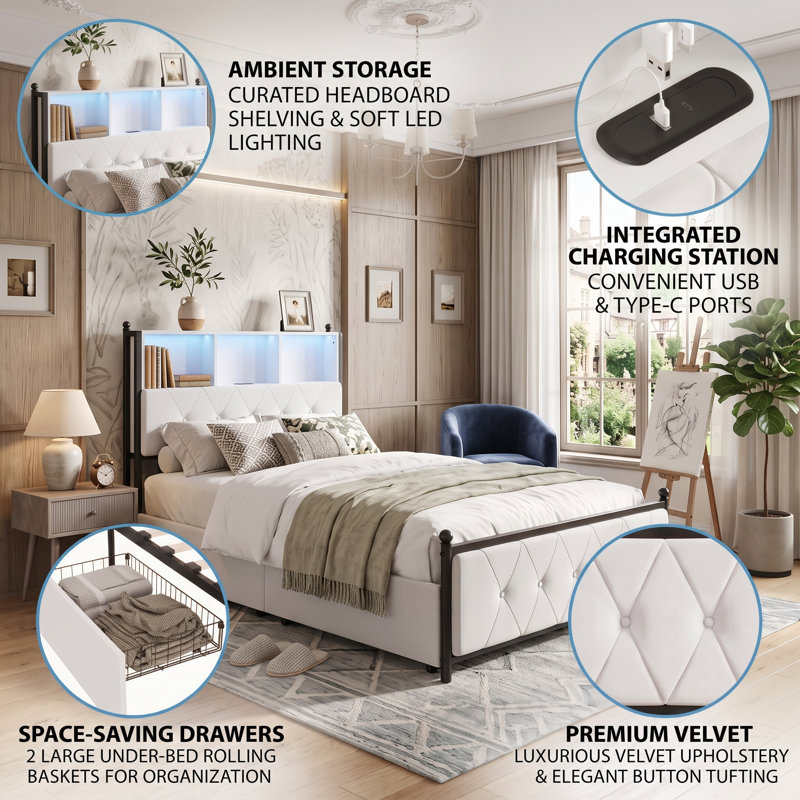 Upholstered Velvet Drawers Bed, Single (3')