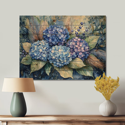 Hydrangeas And Feather Farmhouse Decor - Hydrangea Wood Wall Decor - On Natural Pine Wood