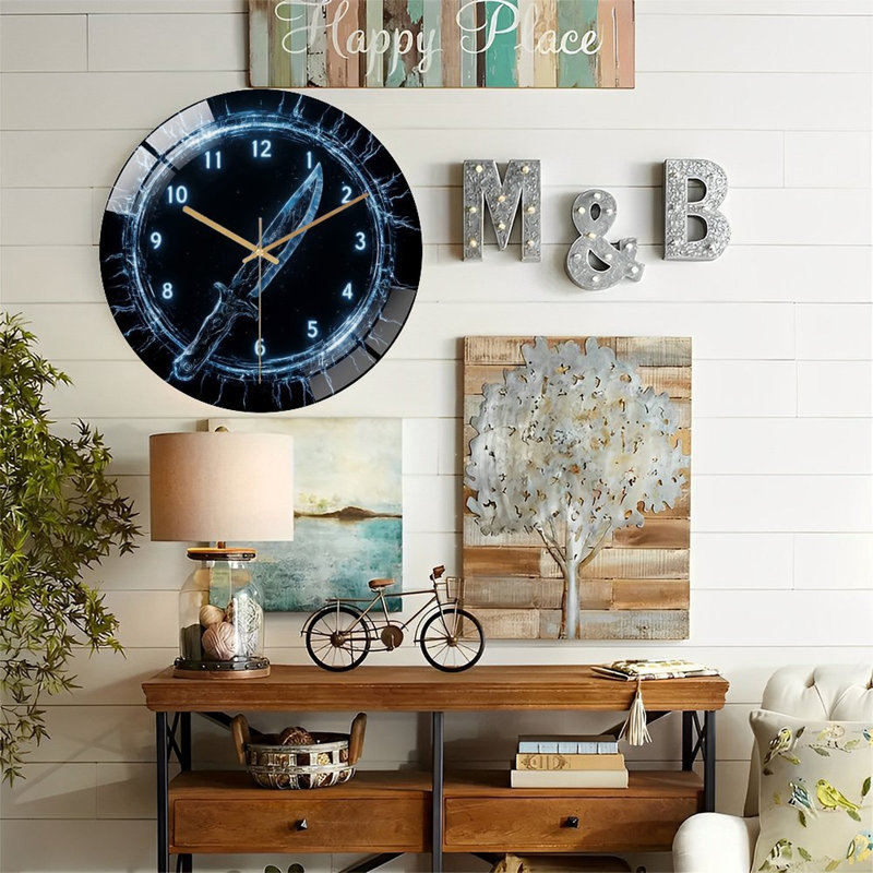 Electric Cracked Clock Dagger Art - 12'' Modern Glass Wall Clock