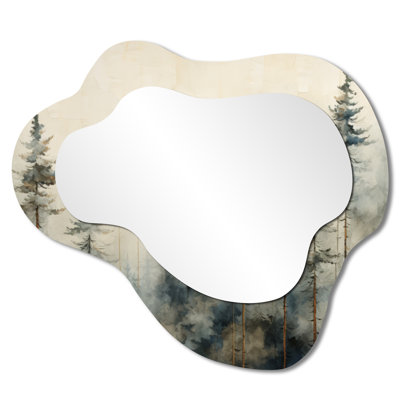 Lodge Asymmetrical Metal Wall Mirror – Minimalism Winter Pine Forest, Metal Print