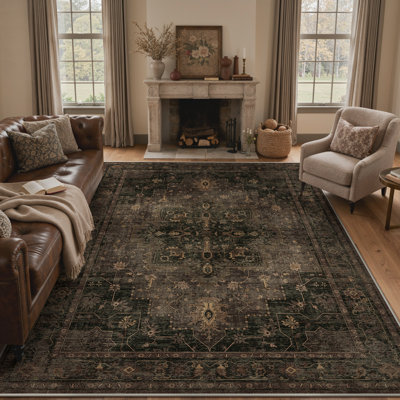 Tiyler Oriental Performance Charcoal / Chocolate 8'x 10' Area Rug, Machine Washable