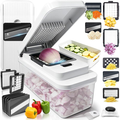 Coupe-légumes 14-en-1 avec 7 pales, hachoir à légumes avec récipient et couvercle, trancheuse de mandoline pour la cuisine, trancheuse de légumes pour la salade, râpe à fromage, accessoires de cuisine essentiels