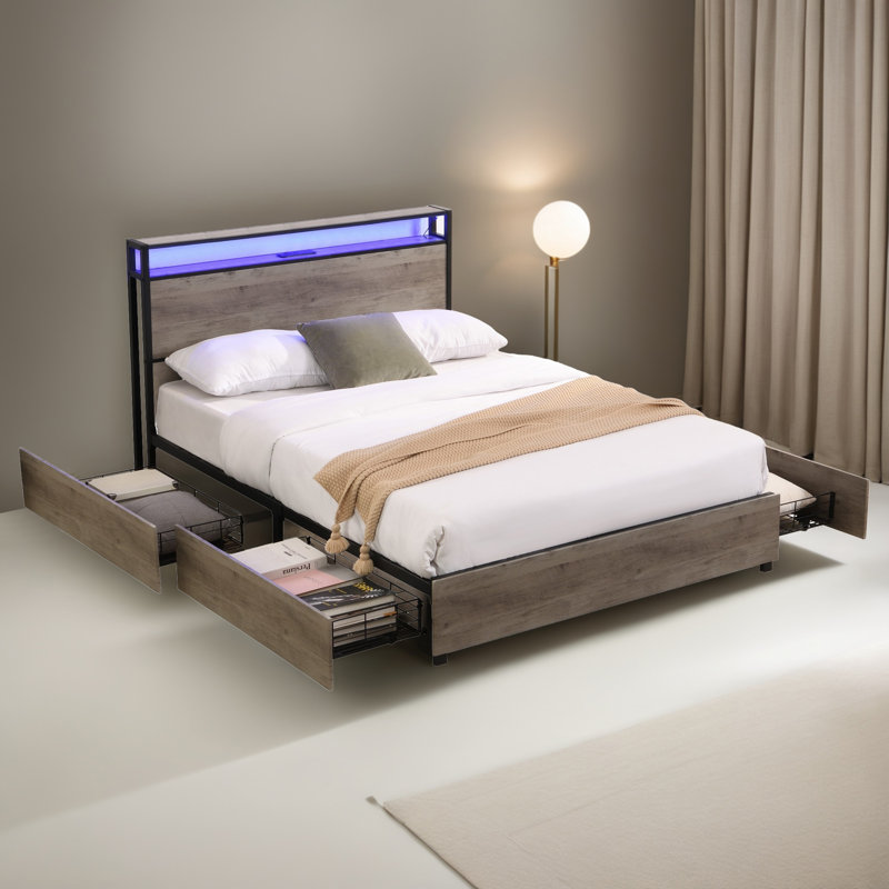 Base de lit plateforme avec tiroirs et station de charge, Gris antique, Lit double