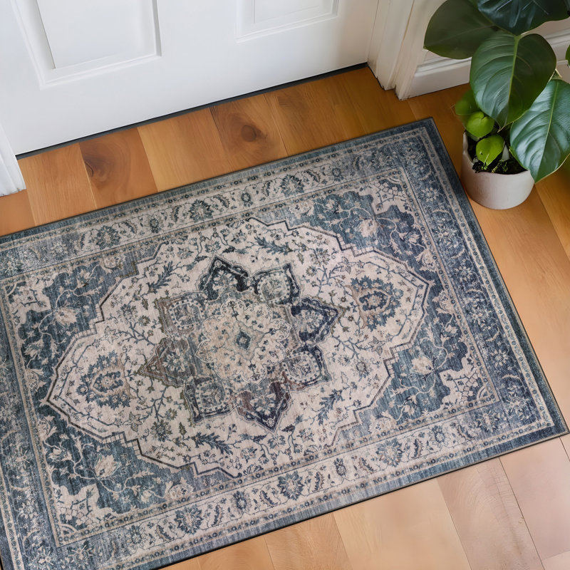 Tapis bleu marine antidérapant rétro, 2 pi x 3 pi