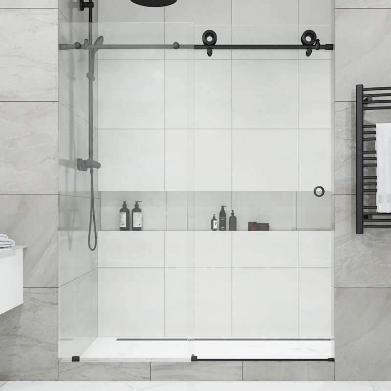  Porte de douche coulissante sans cadre en cristal, Noir mat