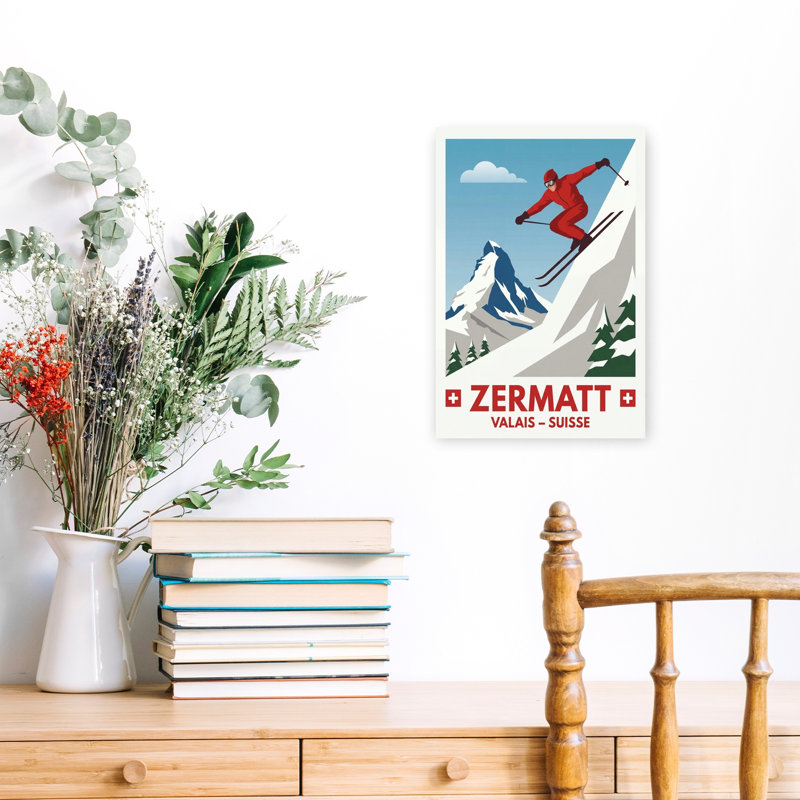 Zermatt, skieur, Matterhorn, Alpes, rétro, rétro, montagne, hiver, art mural, H 18 po x l 12 po