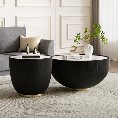 Nesting Coffee Table Set of 2, Round Coffee Table and End Table with Faux Marble Top & PU Leather Metal Base, Small Bowl-Shape Round Center Table Sofa Side Tables for Living Room