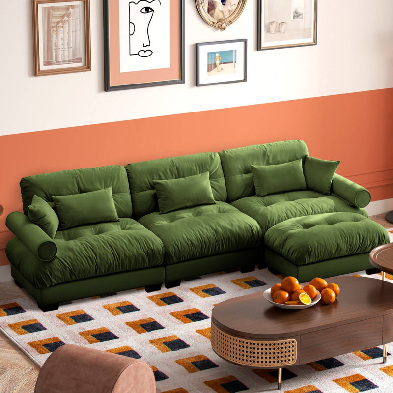 130" L-Shaped Velvet Upholstered Sectional With Ottoman, Green Velvet
