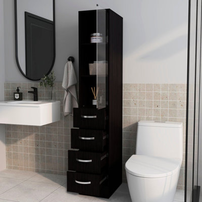 Glass Door 4 - Drawer Linen Cabinet, Suitable For Bathroom Use, 3 Open Shelves Personal Belongings Storage Cabinet With Door, Ideal Organization, Folded Towels