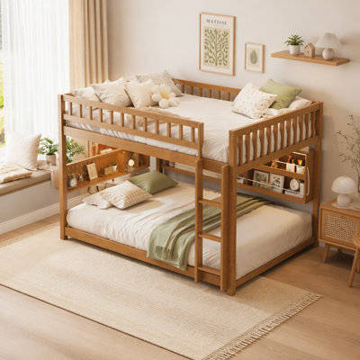 Full XL over Full XL Bunk Bed with Integrated Shelving, Color-Changing Lights and Pegboard, Brown