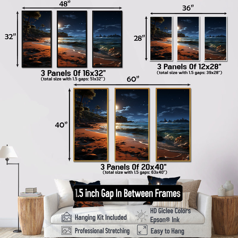 Mystic Tropical Beach Moonlight II - art mural plage, Cadre flottant blanc, H 32 po x l 48 po x P 1 po