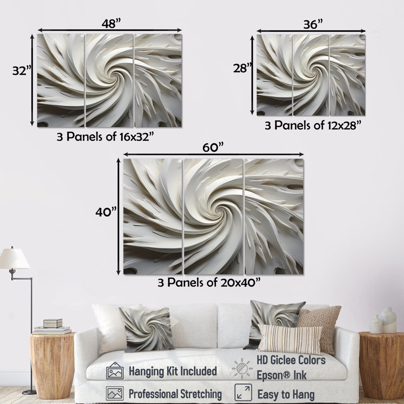 «White Majestic Motion I - Abstract Spirals», ensemble d'art mural, H 28 po x l 36 po x P 1 po, Wrapped Canvas