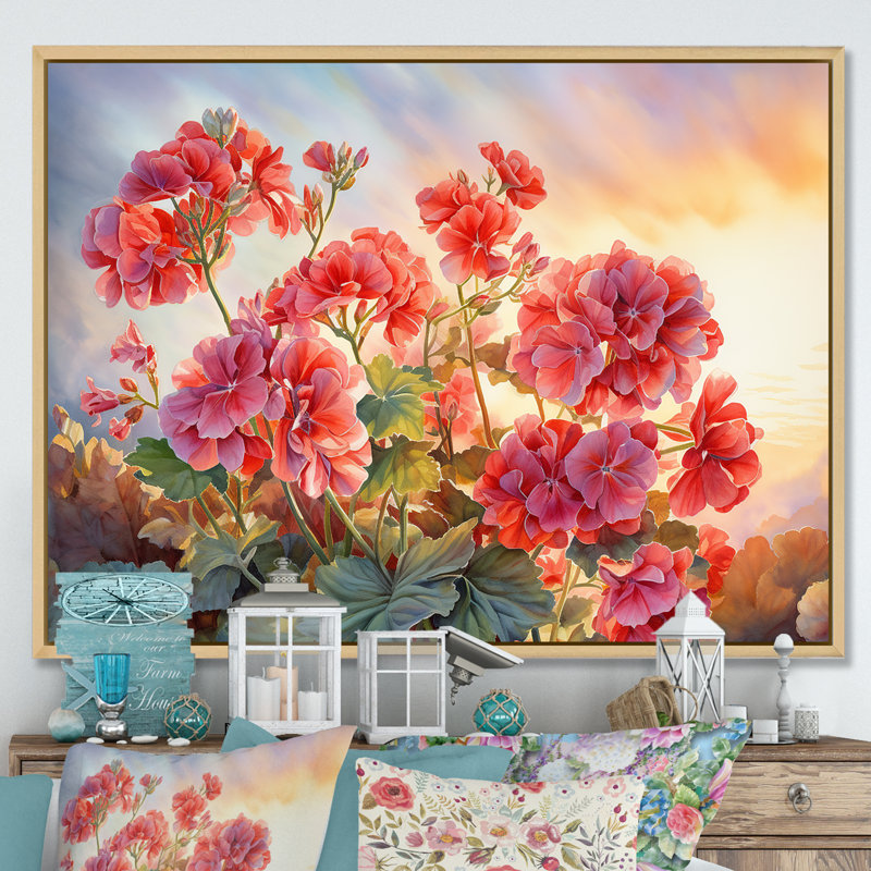 Geraniums Sunset I - reproduction, Cadre naturel flottant, H 24 po x l 32 po x P 1 po