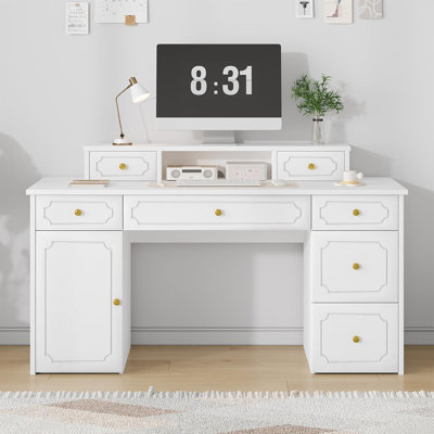 Catrimown Desk with 7 Drawers, 54 Inch Computer Desk with Cabinet for Work Writing Study, Vanity Desk with Golden Handle, Bedroom