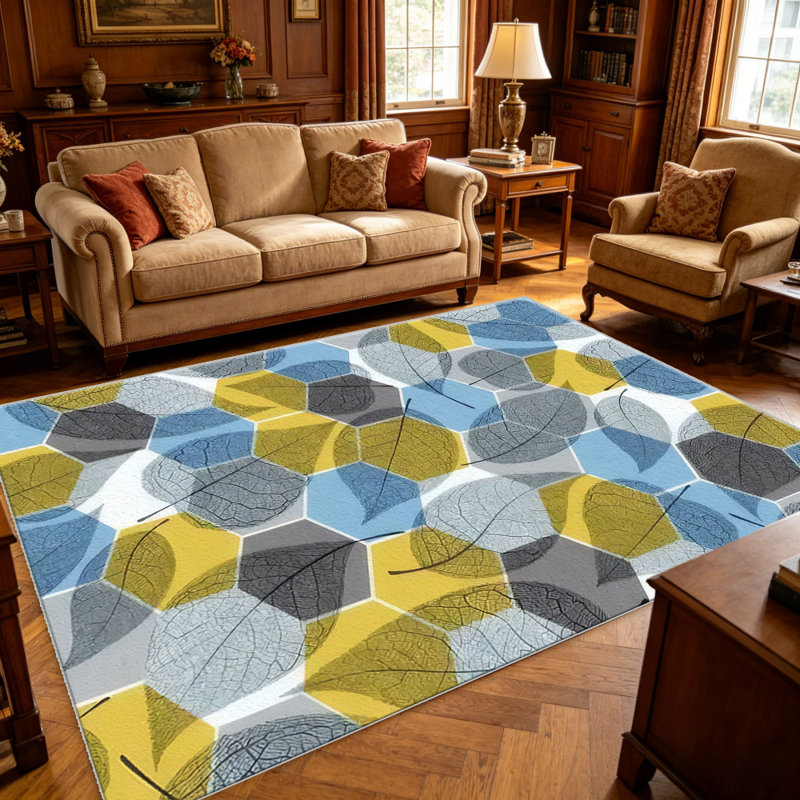 Blue Yellow Leaf Geometric carpet-easy to clean, machine-washable, soft and comfortable; suitable for door mats, kitchens, living rooms, bedrooms, corridors, and laundry areas. Easy to clean, durable carpet for home decoration.