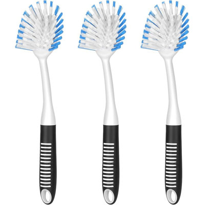 Dish Brush With Handle, 2 Pack Stiff Bristles Dish Scrubber With Built-In Scraper Dish Scrub Brushes For Cleaning Dishes, Pots And Pans, Kitchen Sink, 3 Pack, Black Blue