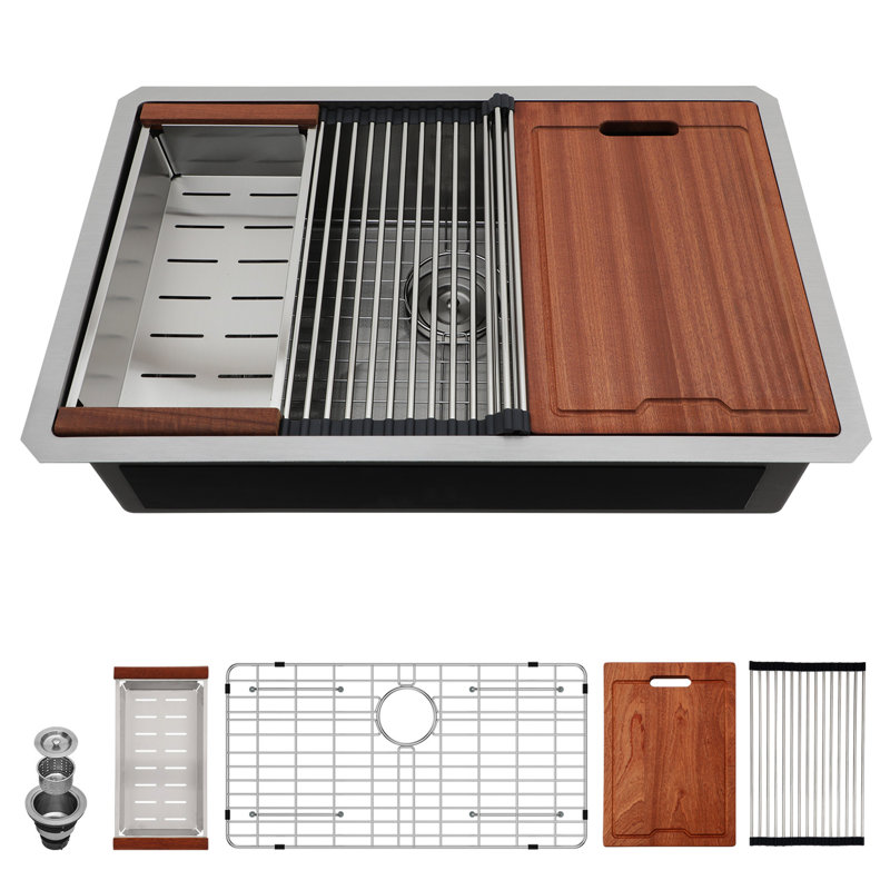 Évier de cuisine encastré en acier inoxydable 30 * 19 * 9 pouces de calibre 16, fonction poste de travail pour la préparation des repas, guide d'eau en forme de X, revêtement résistant à la condensation, paquet avec planche à découper 30