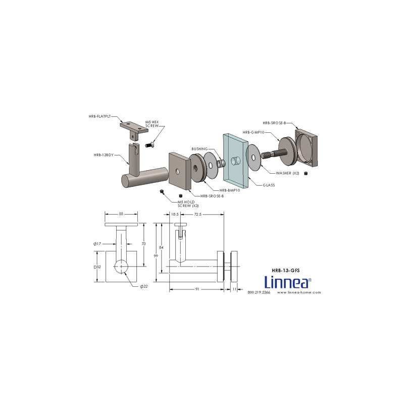 Glass Mount Handrail Bracket with Square Rose and Flat Plate, Polish Stainless Steel