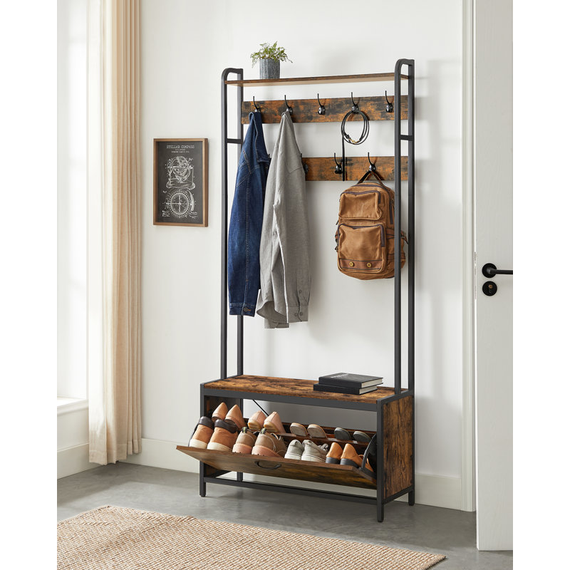 Hillhouse Hall Tree 33.4'' Wide with Bench and Shoe Storage, Rustic Brown/Black