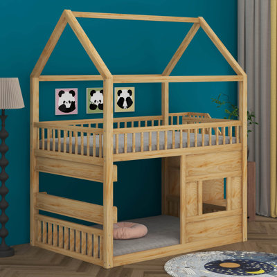 Lit superposé double pleine grandeur avec lumière à DEL intégrée et tablette ouverte, lit mezzanine en bois avec toit et fenêtre