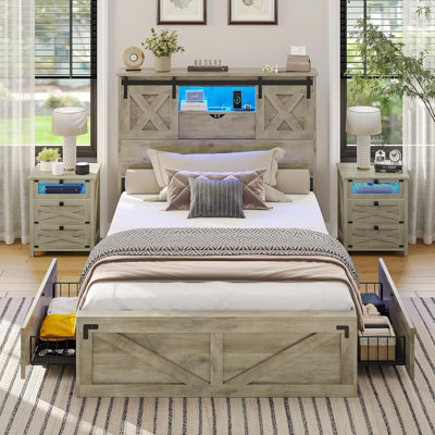 Farmhouse Twin Xl Size Bed Frame With 2 Storage Drawers, Wooden Platform Twin Xl Bed With Led Lights And Charging Station, Rustic Headboard With Sliding Barn Door Storage Cabinets