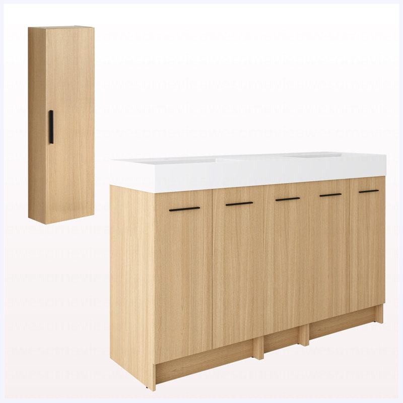 Ensemble de meuble-lavabo autoportant 60 po avec grande armoire à linge 60 po, fabrication en chêne clair, très grand rangement, lavabos intégrés en résine pour salle de bain principale