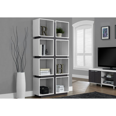 Bibliothèque à 5 niveaux, H 71 po, stratifié gris blanc, utilisation dans la chambre à coucher, 8 tablettes de rangement cubiques pour livres et objets décoratifs, bibliothèque de style moderne, rangement, mobilier de style contemporain