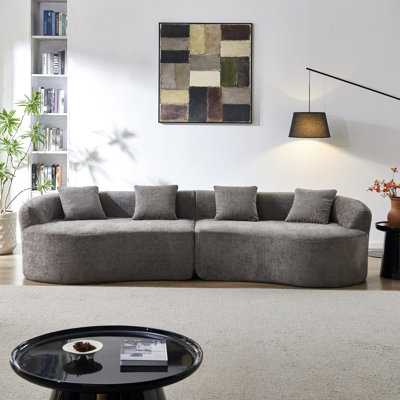 Chenille grise courbée à 2 places avec mousse à haute densité, idéale pour le salon, sans assemblage, dossier rembourré et accoudoirs roulés, canapé