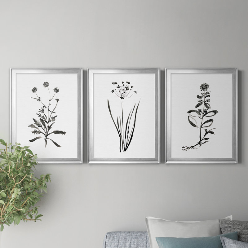 Inky Botanical I - Ensemble de 3 peintures, H 22,5 po x l 91,5 po x P 1,5 po, Toile encadrée argentée