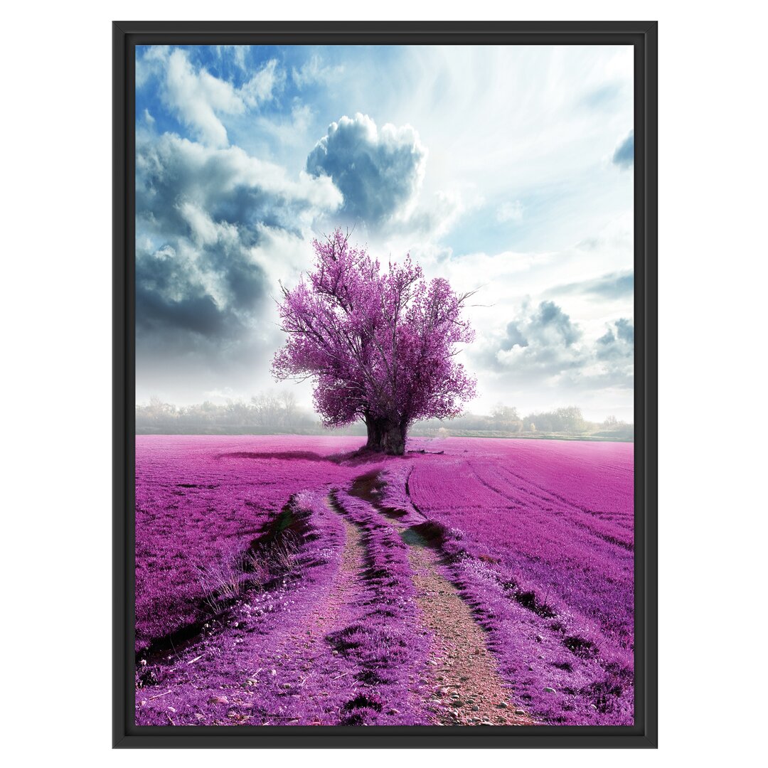 Gerahmtes Wandbild Pinkes Feld mit pinkem Baum