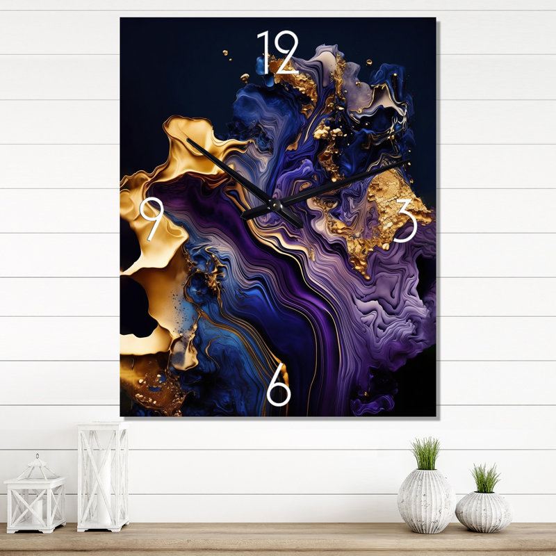 Horloge murale abstraite en marbre géode mauve I - encre liquide, H 40 po x l 30 po x P 1 po